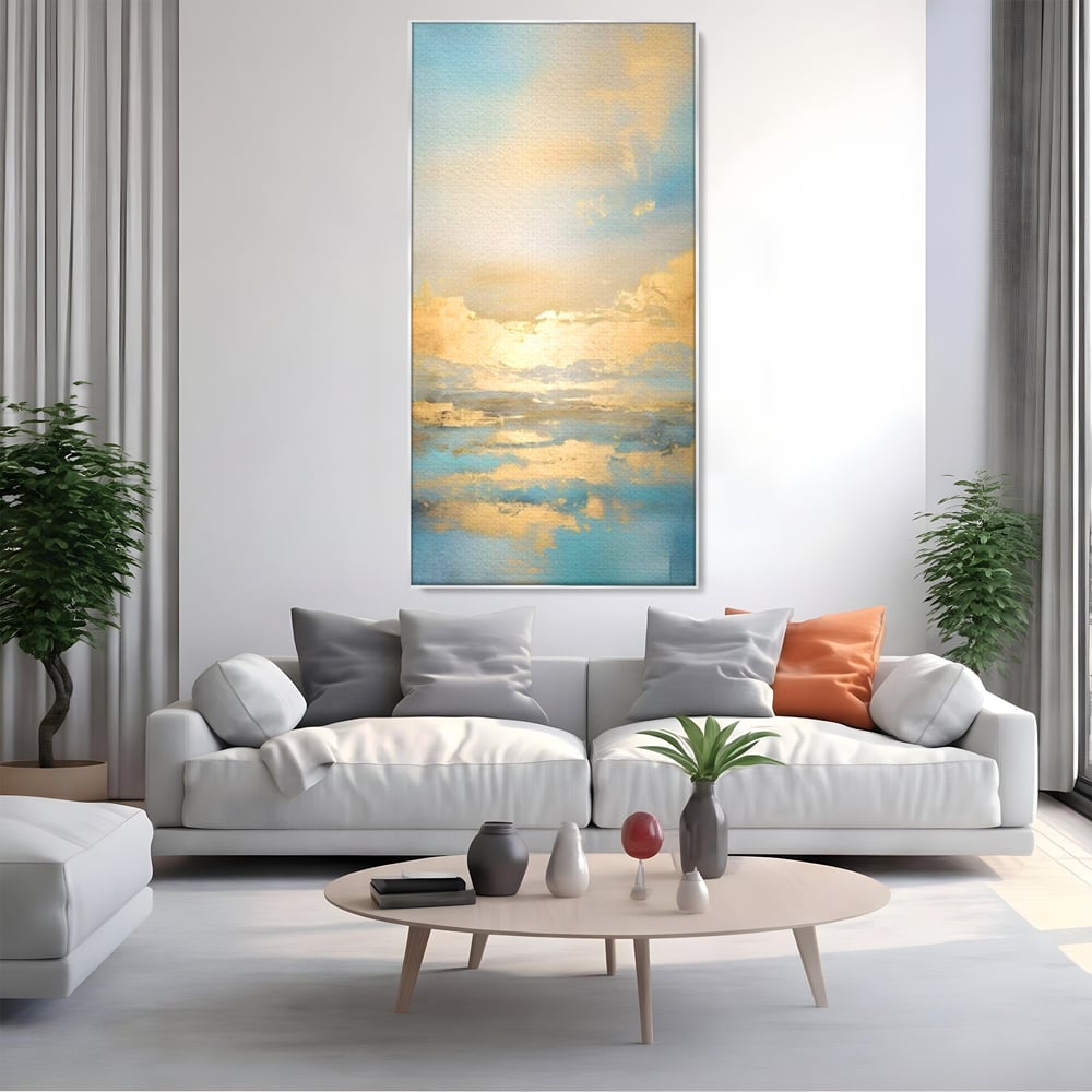 Tablou canvas cu tablou canvas cu peisaj marin abstract, in rama de aluminiu argintiu, pe perete intr-un living